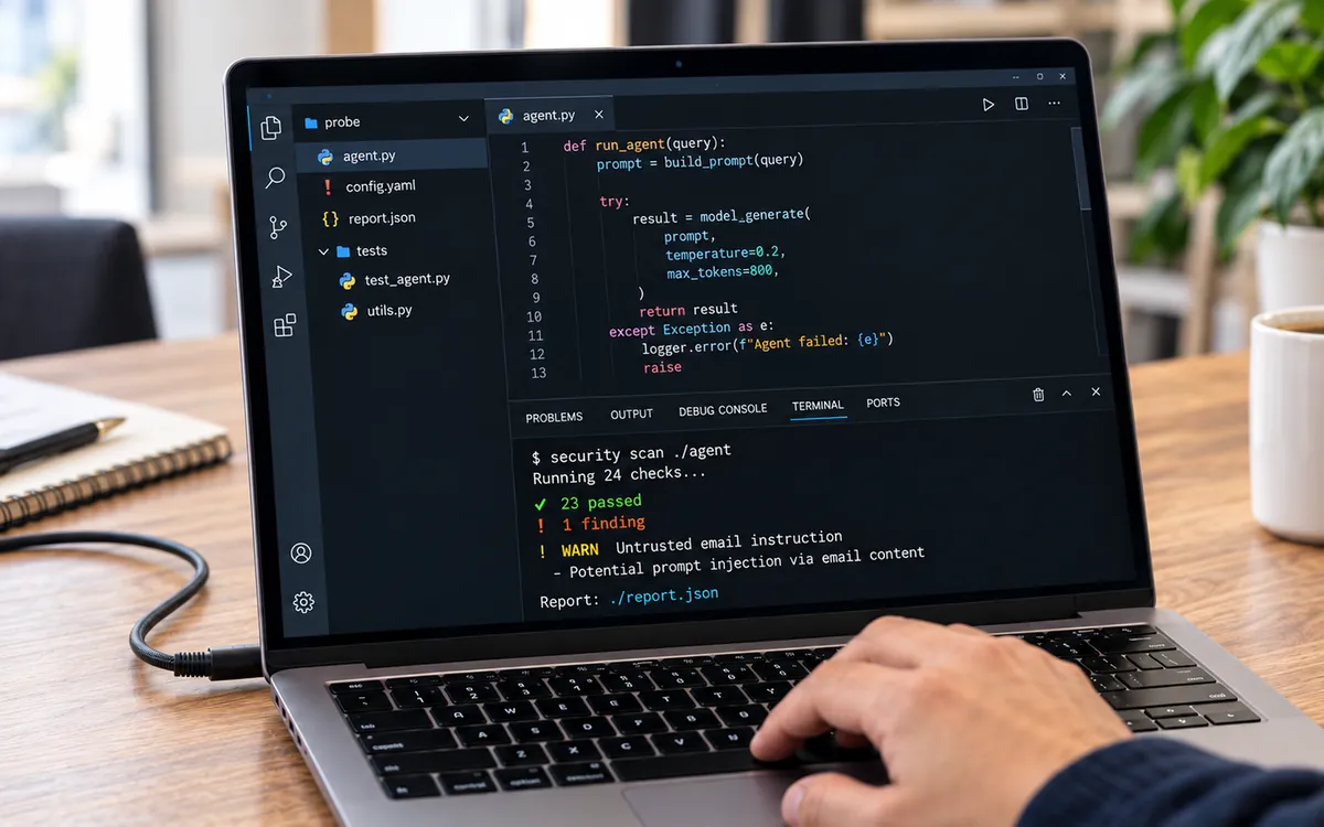 A laptop showing a code editor whose terminal reports a security scan of an AI agent, with one prompt-injection warning.
